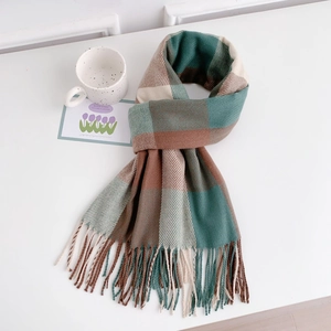 Thick warm plaid scarf with tassels in forest green and brown for winter wear