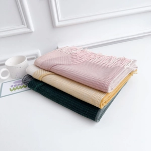 Three-color layered knit cashmere-feel scarves with fringe in pink, beige, and dark green