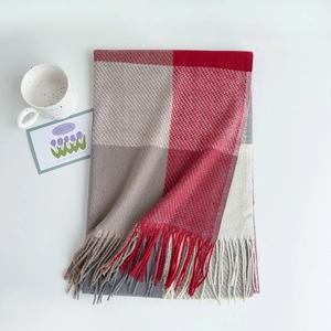 Dettaglio sciarpa a quadri arcobaleno con nappe, trama effetto cashmere per l'inverno