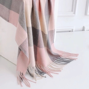 Pink and grey plaid cashmere-like scarf for women with soft fringe tassels