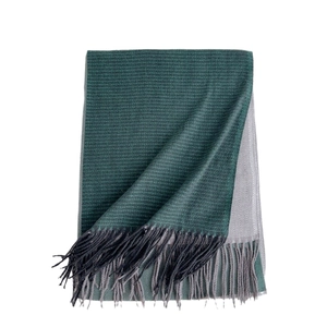 Dual-color cashmere-like scarf with dark green and grey herringbone pattern and tassels