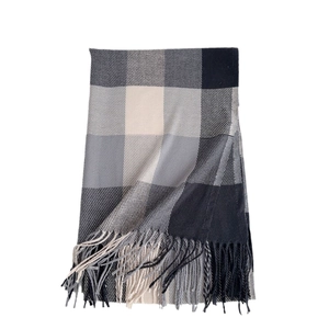 Plaid cashmere feel winter scarf for women with black and grey fringe tassels