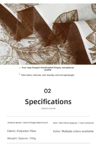 Detail macro view of polyester scarf fabric with leaf print and technical specifications