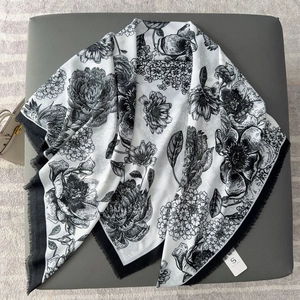 Elegant black and white vintage floral scarf with fringes and SIYA SCARF branding