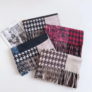 Houndstooth cashmere-feel scarf set with long tassels for winter warmth in various colors