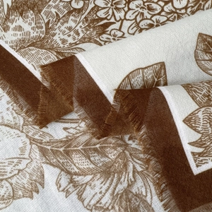 Classic floral print shawl with fringe edge in white and coffee brown woven fabric