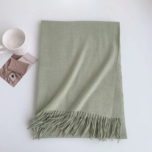 Detailed view of sage green scarf with soft knitted texture and decorative fringe trim