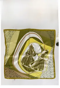 Detailed top view of olive green silk scarf featuring abstract female silhouettes and dots