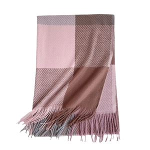Sciarpa a quadri arcobaleno in finto cashmere con blocchi rosa e grigi e frange lunghe