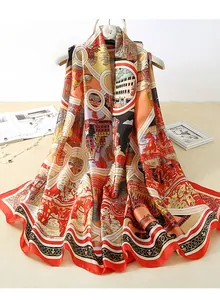 Close-up of elegant red silk scarf featuring classic architectural and horse prints