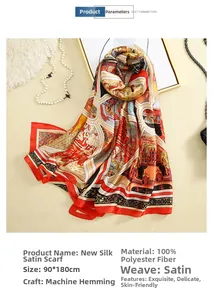 Detail of 90x180cm red satin scarf with vintage pattern and 100% polyester fabric texture
