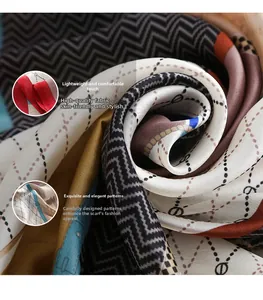 Detailed macro view of the printed silk scarf featuring rolled edges and wave patterns