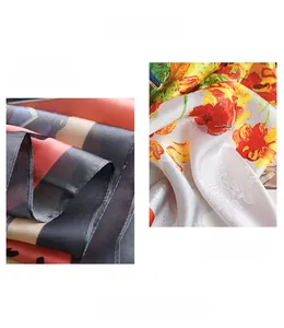 Close-up of fine hemmed edges and smooth satin texture on printed silk scarves