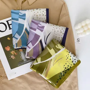 Elegant Polyester Printed Square Scarf For Women High End Polka Dot Geometric Pattern Silk Feeling Bandana Neck Scarf