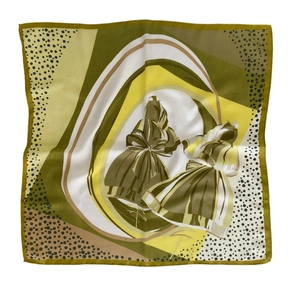 Elegant retro abstract silk scarf in olive green and yellow with geometric art pattern