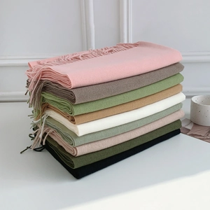 Women Elegant Solid Color Thick Warm Scarf Imitation Cashmere Polyester Fringed Long Shawl Wrap For Winter Party Daily