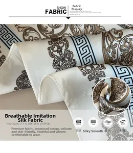 Gros plan sur tissu en soie synthétique avec motifs baroques et bordure de méandres