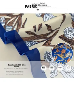 Detailed view of silky iris floral print fabric with soft texture and elegant blue border