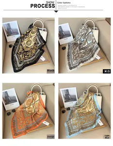 Détail de quatre foulards en soie rétro à motifs paisley en noir, crème, orange et bleu