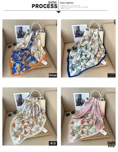 Detail view of four printed silk scarves in orange, blue, beige and pink floral patterns