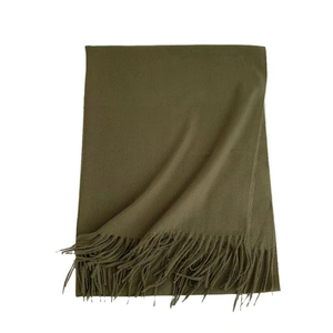 Olive green cashmere-like thick warm scarf with tassel fringe on white background