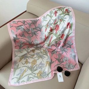 Elegant iris floral print silk scarf in pink and beige patchwork design for women