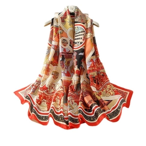 Elegant red silk scarf with equestrian and classical architecture patterns for women