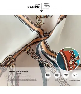 Detailed macro view of breathable faux silk chiffon fabric with classic chain print