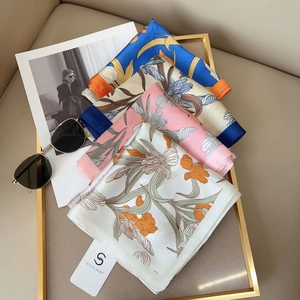 Elegant iris print silk scarves set in royal blue, pink, beige and white colors