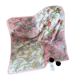 Pink and white silk square scarf with colorful iris floral print and elegant pattern