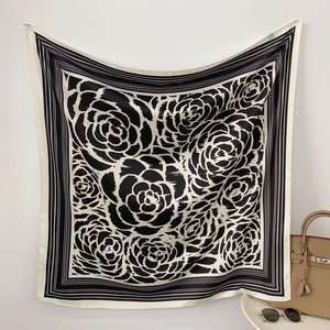 Elegant 90cm black and white camellia silk scarf with artistic floral print for women