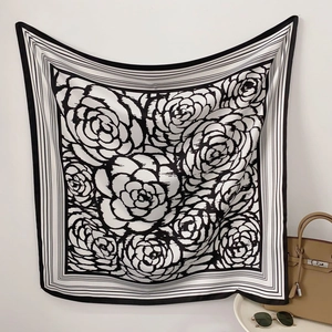 Classic ink wash camellia silk scarf 90cm square wrap with geometric border and floral print