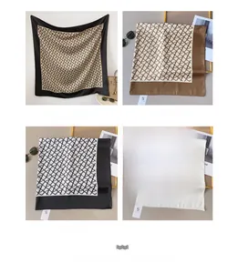 Detailed grid of satin scarves with geometric chain patterns in coffee, white, and black