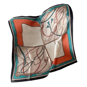 Equestrian pattern silk scarf with tassels and geometric chain prints in blue and orange