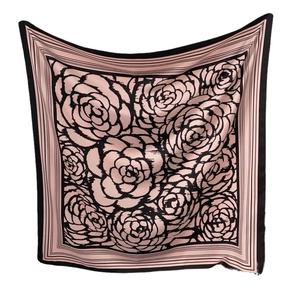 Elegant 90cm silk scarf with ink camellia flower pattern on pink and black satin