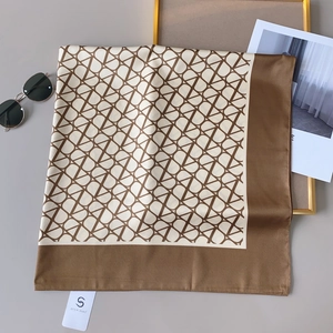Classic twill printed square scarf with geometric chain pattern in brown and beige colors