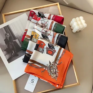 Vintage Horse Carriage Pattern Satin Square Scarf For Women Polyester Printed Chic Neck Scarf Fashion Wrap Accessory