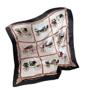 Classic square silk scarf with elegant vintage carriage pattern and golden chain border