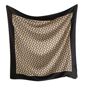 Elegant twill satin square scarf with vintage geometric print and black border finish