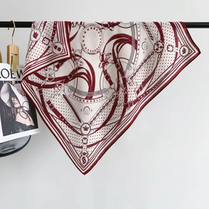 Classic chain print square scarf with equestrian patterns and luxury silk feel for women