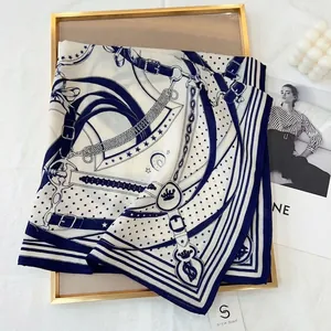 Classic blue and white chain pattern square scarf with equestrian motifs on gold frame