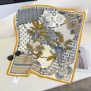 Elegant yellow-edged leopard print velvet scarf with tropical leaves and zebra patterns