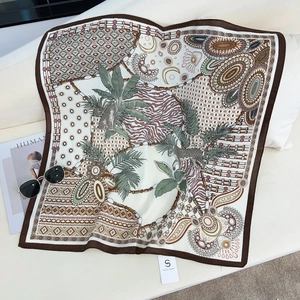 Detailed close-up of patterned neck scarf with tropical leaves and leopard prints