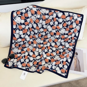 Herringbone Tulip Floral Print Square Scarf Satin Feeling Small Neck Scarf Head Scarf For Women Fashion Sweet Accessories