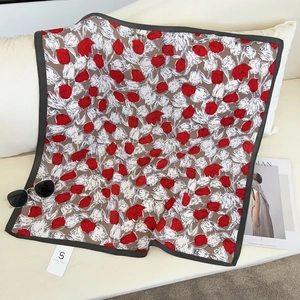 Elegant square scarf with red tulip floral pattern and wide grey border on soft fabric