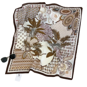 Chic herringbone silk scarf with leopard and tropical palm print in retro brown tones