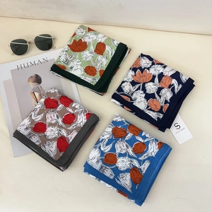 Set of four stylish herringbone floral scarves with tulip patterns in various colors
