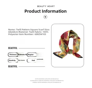 Detail view of 68x68cm herringbone polyester scarf with red flower prints on yellow base