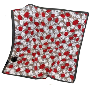Herringbone small square scarf with red tulips pattern and black sunglasses on white base