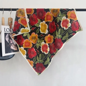 Elegant Floral Print Square Satin Scarf For Women Polyester Herringbone Texture Vintage Small Neck Wrap Fashion Accessories